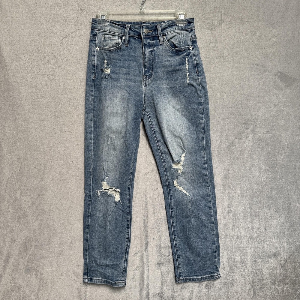 Fashion Nova Jeans Juniors 5 Blue High Rise Mom Distressed‎ Stretch Denim Ripped